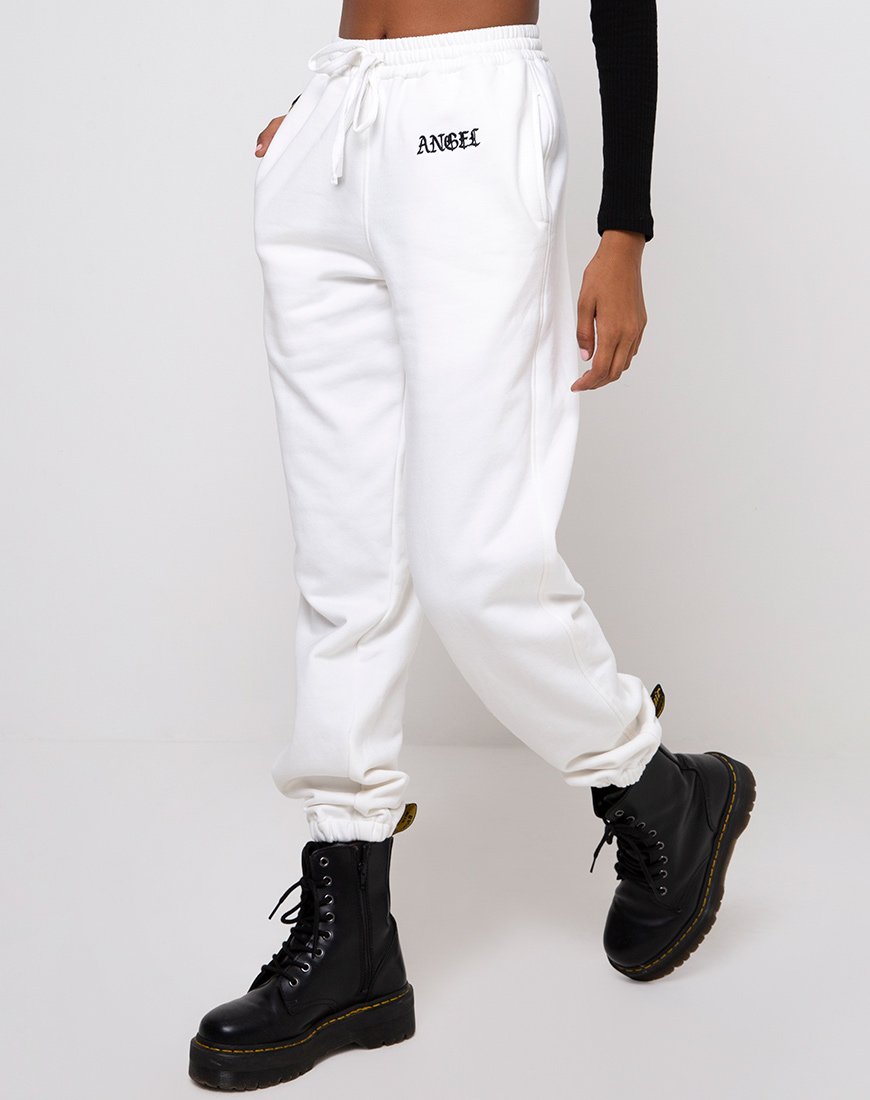 Basta Jogger in bianco con ricamo 'Angel' in nero