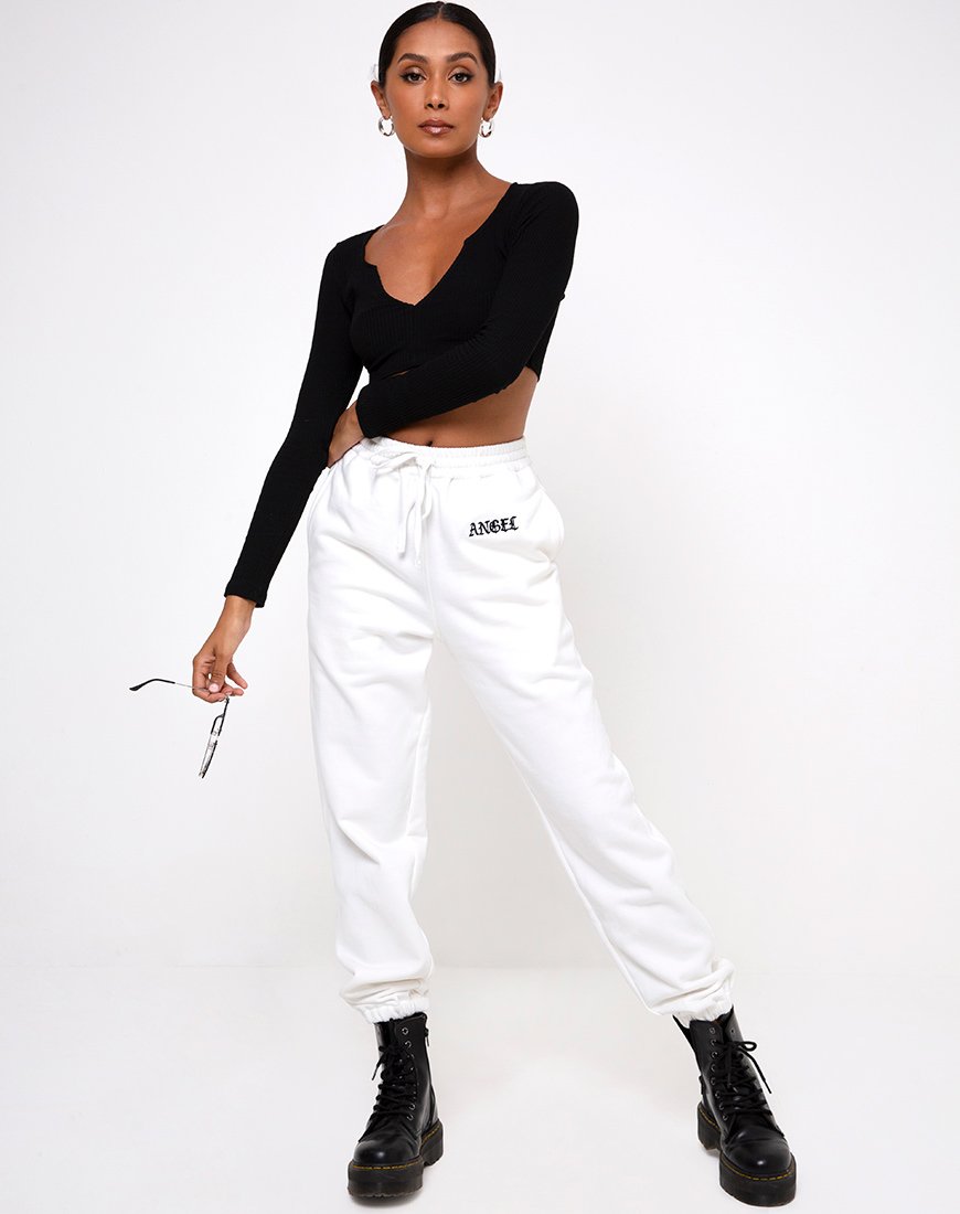 Basta Jogger in bianco con ricamo 'Angel' in nero