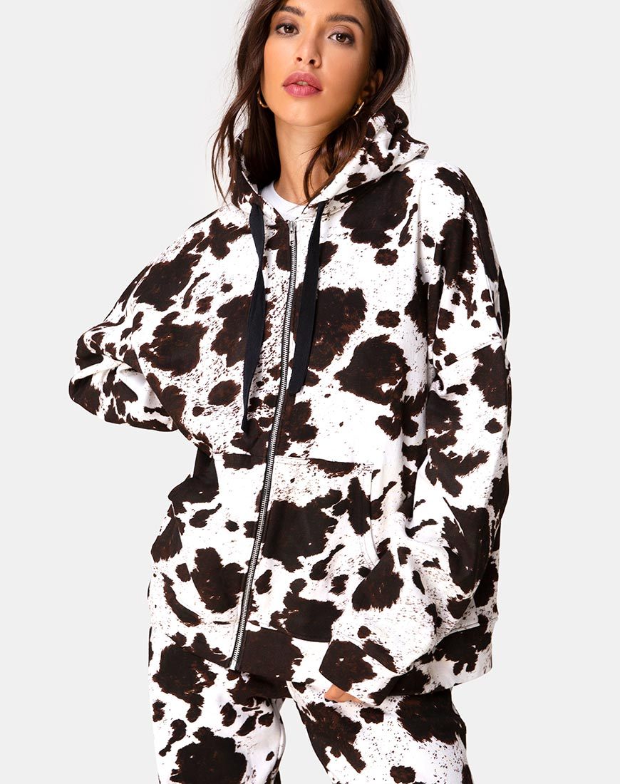 Felpa Hollack con cappuccio e zip in pelle bovina marrone/bianca