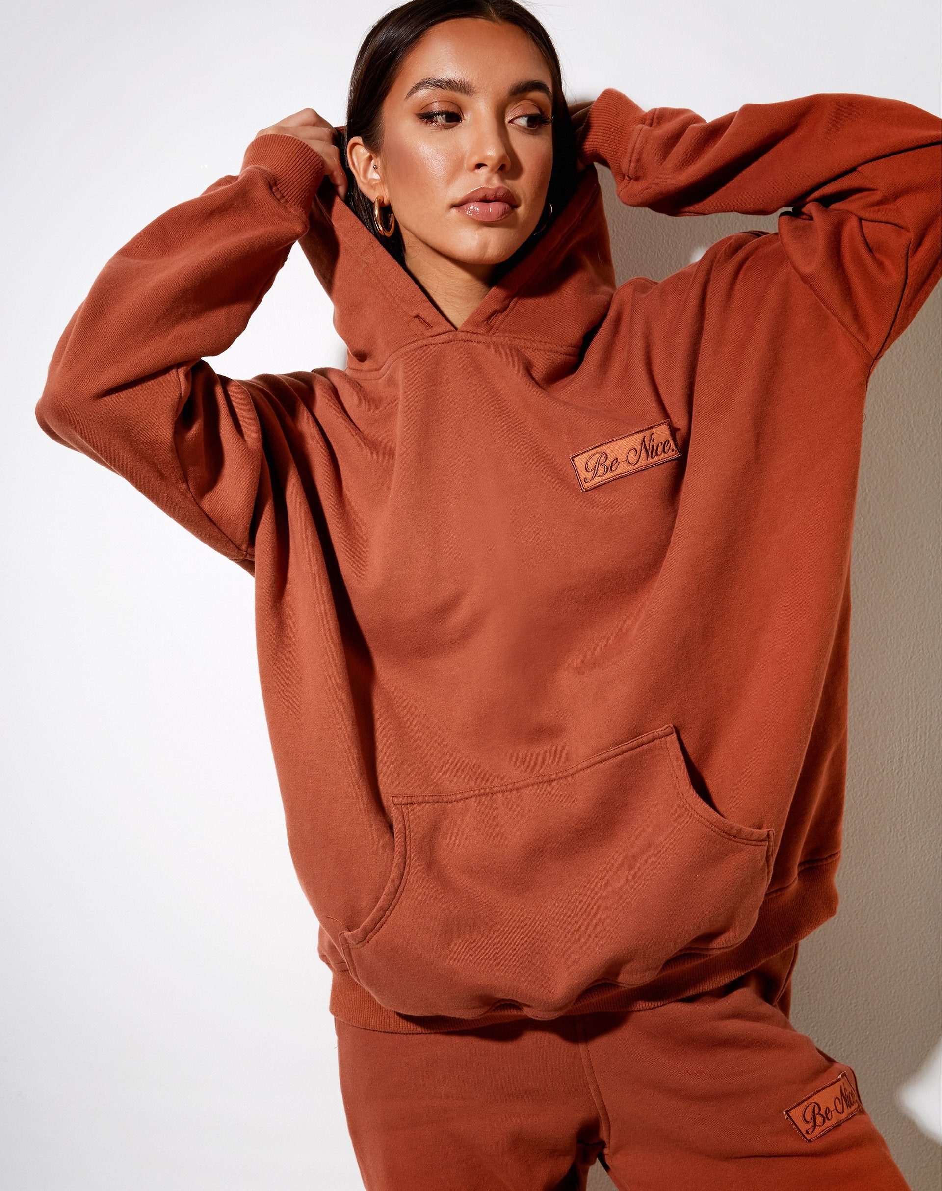 Immagine della felpa con cappuccio oversize in mattone bruciato Be Nice Label Embro