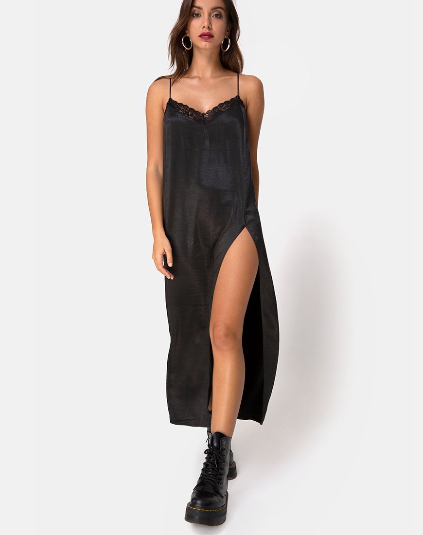 Maxi abito Batilia in raso nero