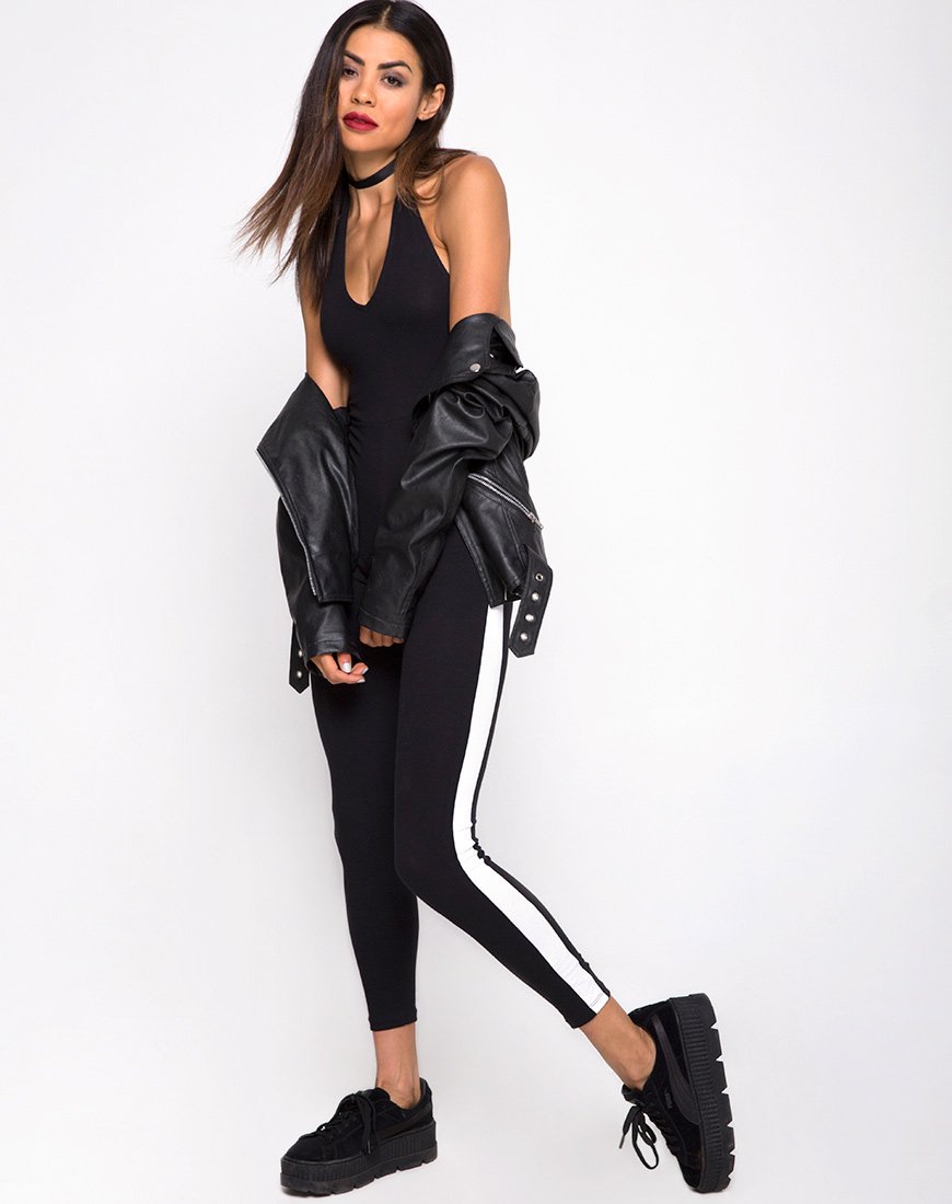 Immagine di Beripe Plunge Unitard in nero con strisce bianche
