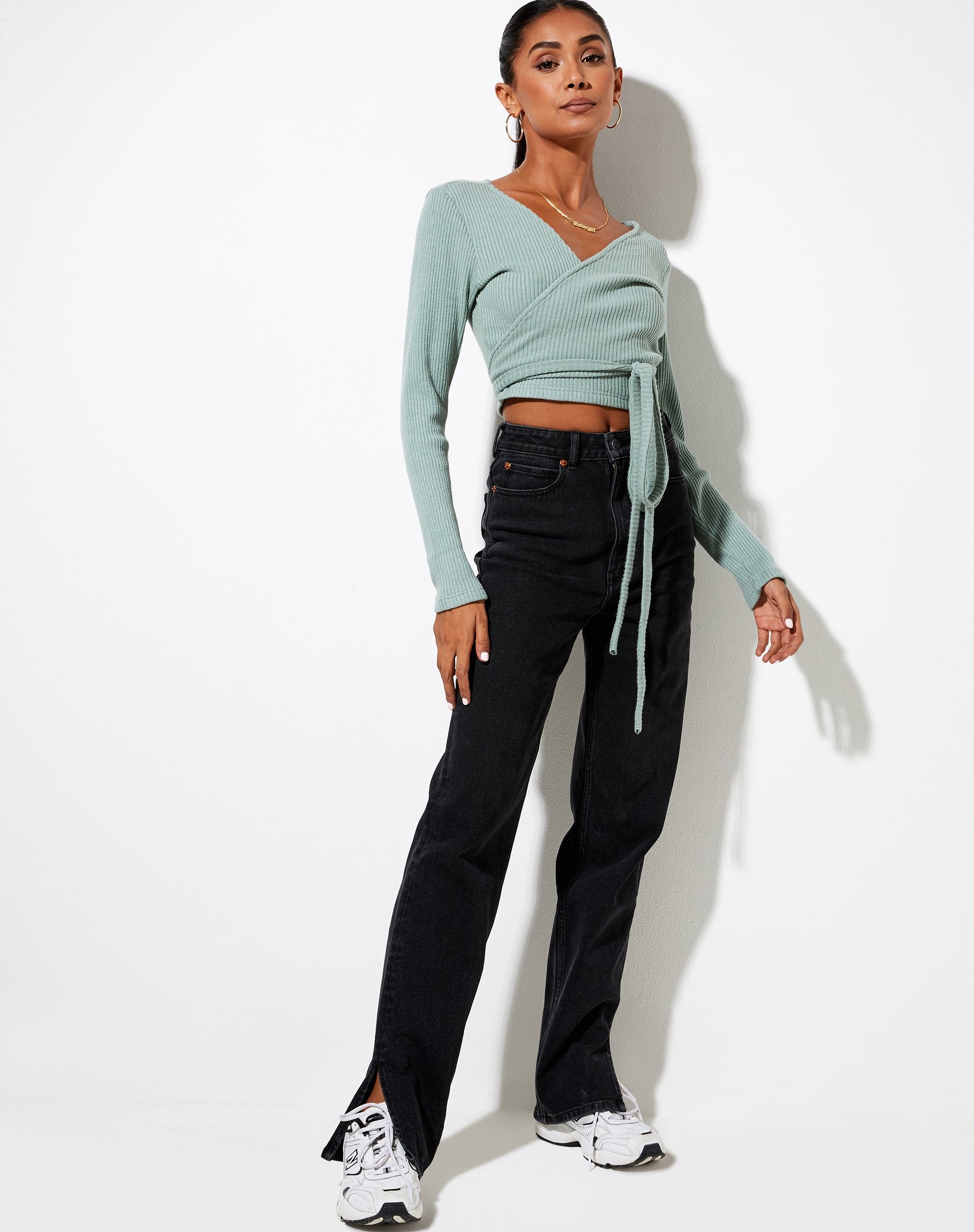 Immagine di Bianca Wrap Top in Rib Olive