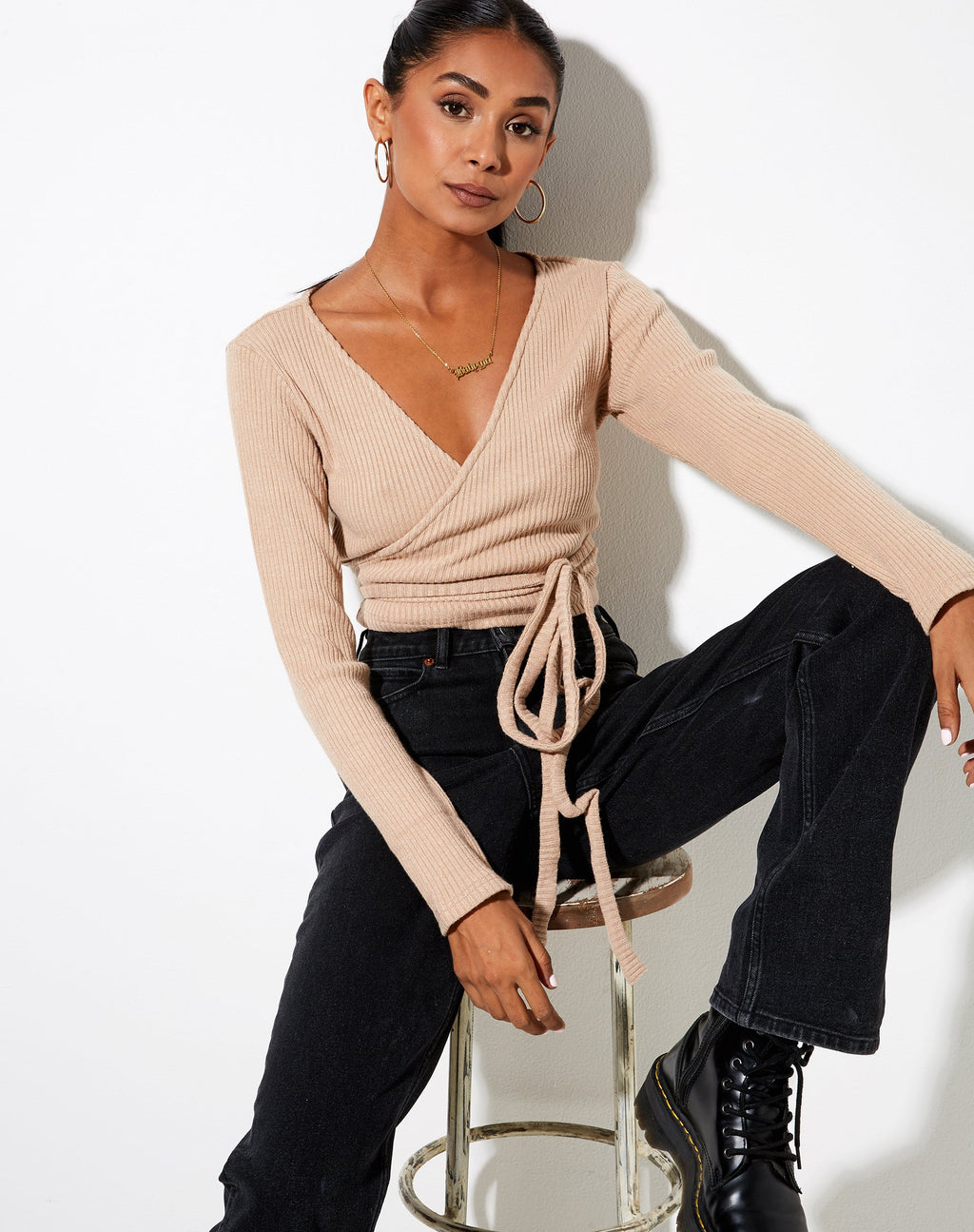 Top a portafoglio Bianca in Rib Tan