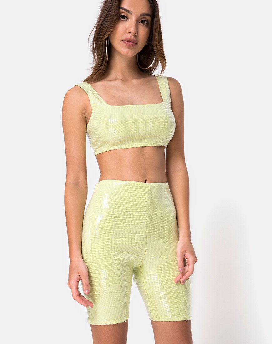 Pantaloncini da ciclista in verde pistacchio con paillettes trasparenti