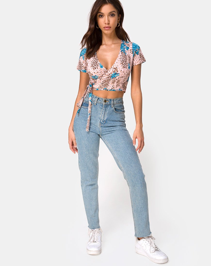 Immagine di Bilen Crop Top in Jungle Flower Blu e Crema