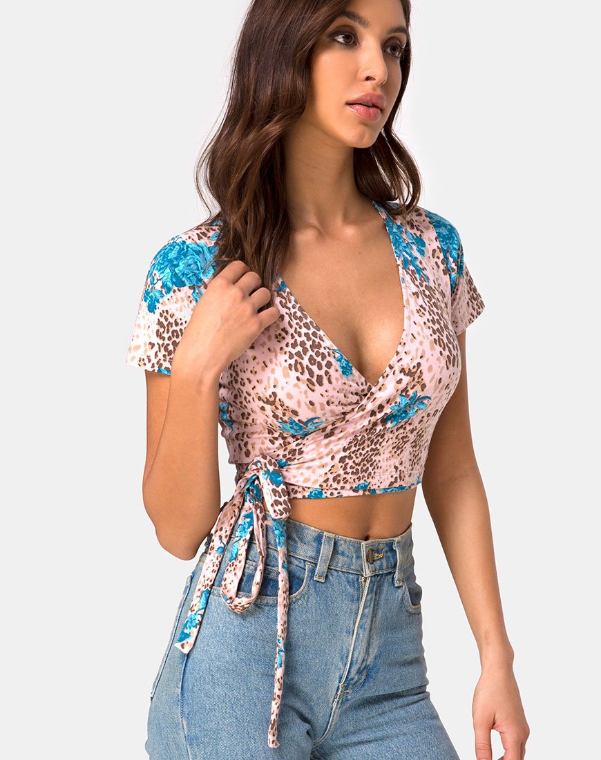 Crop Top Bilen in Jungle Flower blu e crema