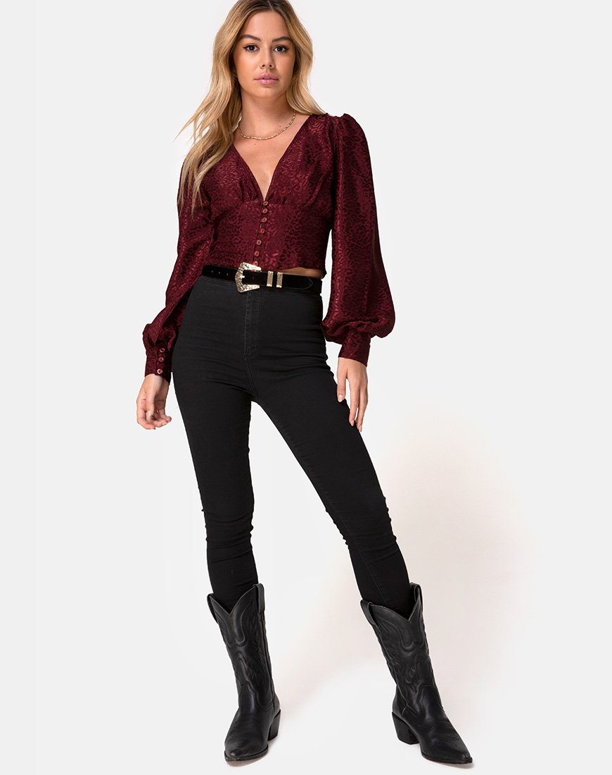 Immagine di Bina Crop Top in raso ghepardo Borgogna