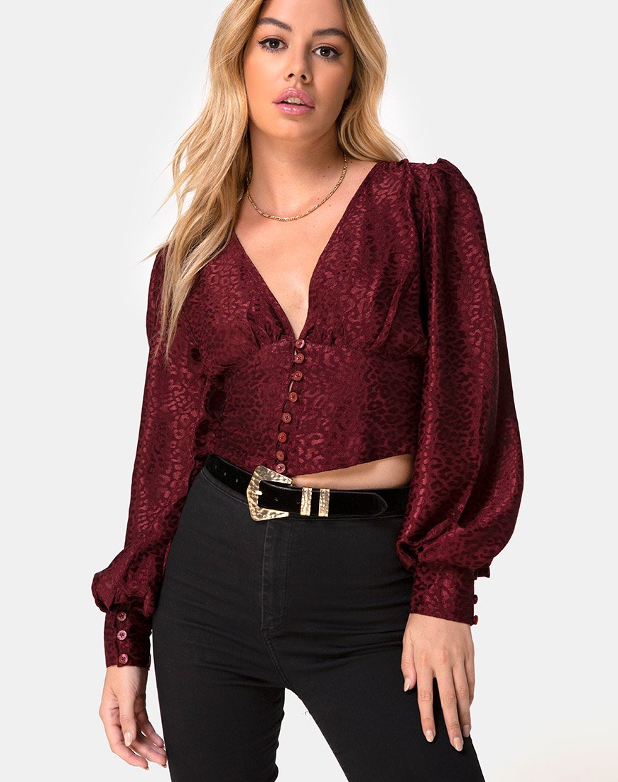 Bina Crop Top in raso ghepardo bordeaux