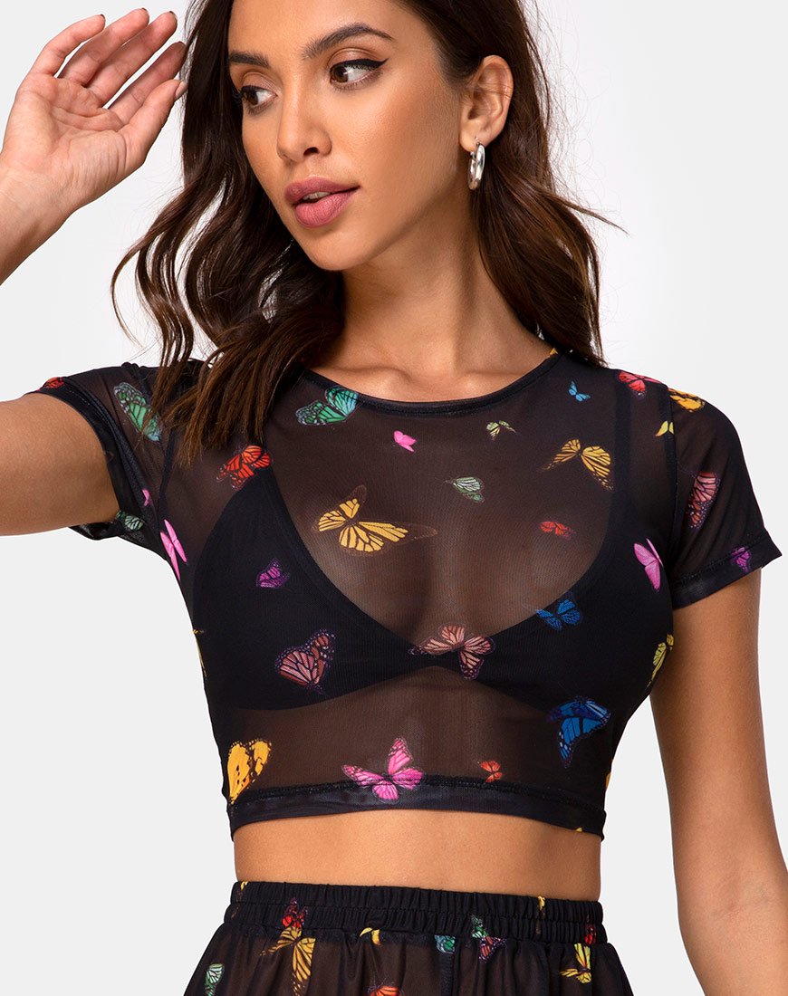 Tiney Crop Top Tee in mesh nero farfalla