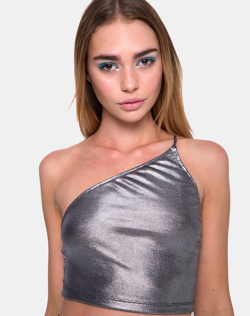 Top Carina in maglia a drappeggio argento metallizzato