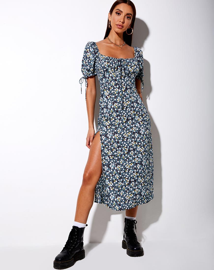 Immagine di Cello Midi Dress in campo floreale Navy