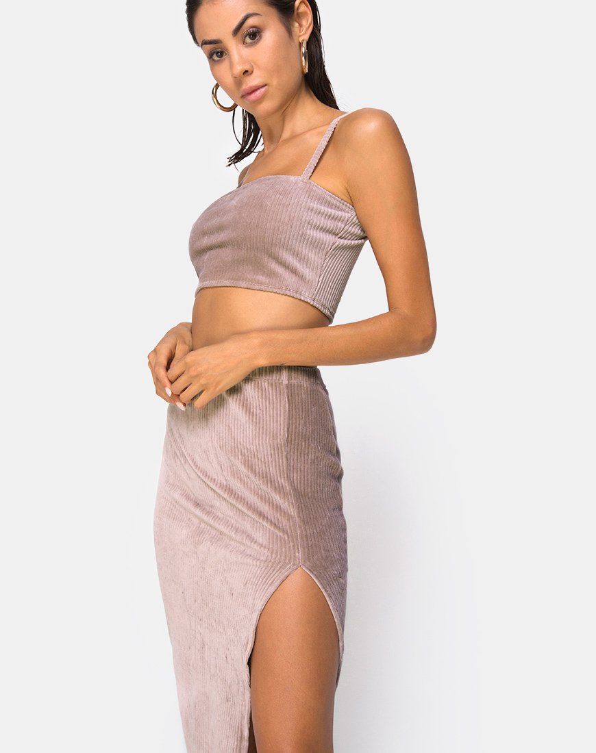 Gonna Midi Cheri Split in Rib Taupe