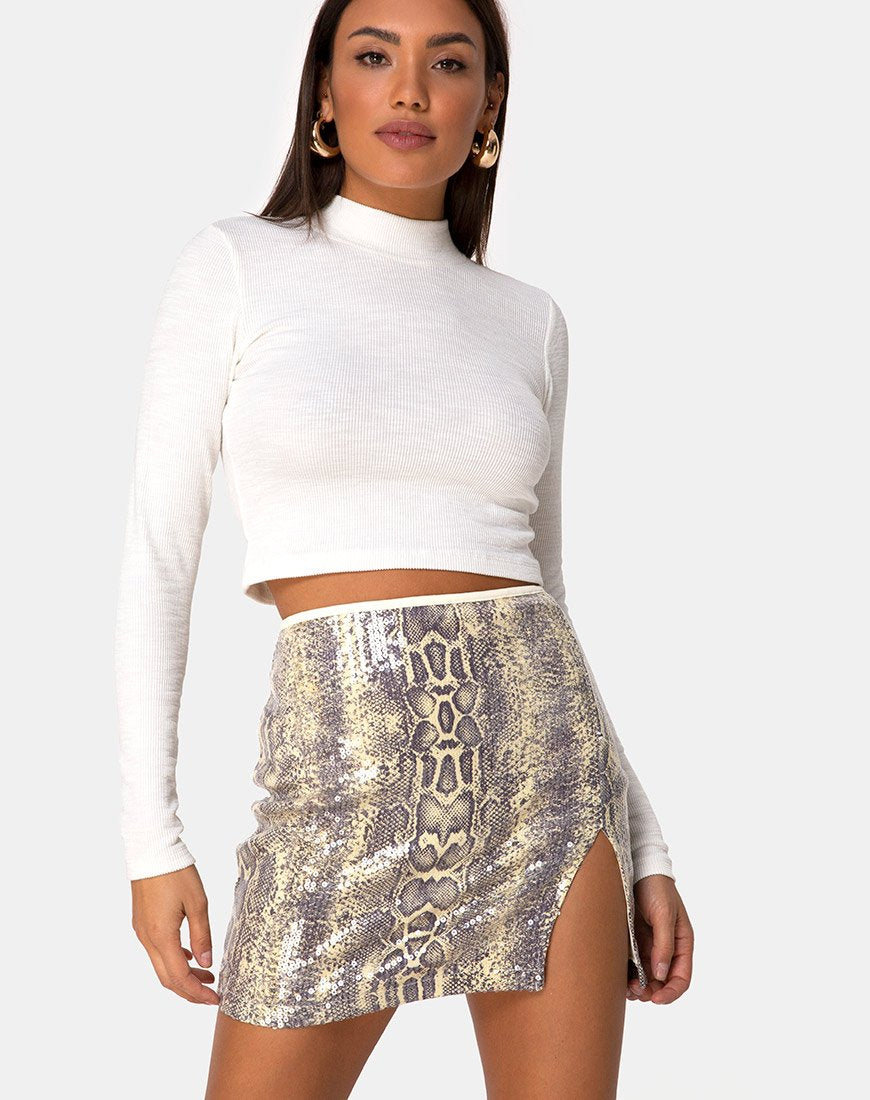 Minigonna Cheri Split in serpente acido e paillettes chiare
