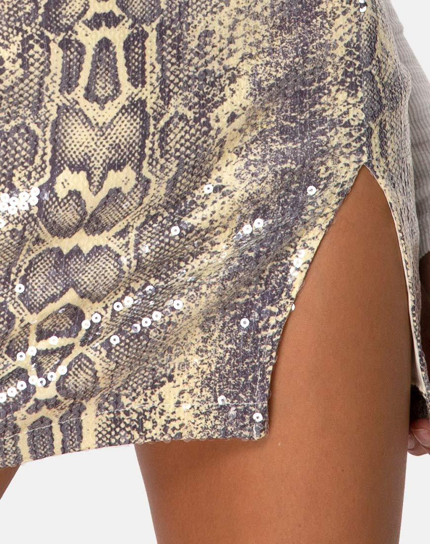 Immagine di Cheri Split Mini Skirt in Serpente Acido di Paillettes Trasparente