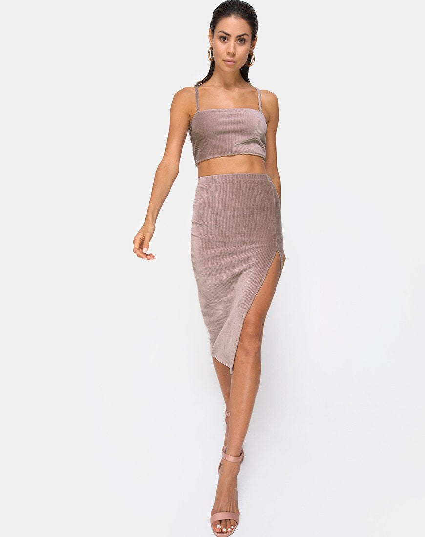 Gonna Midi Cheri Split in Rib Taupe