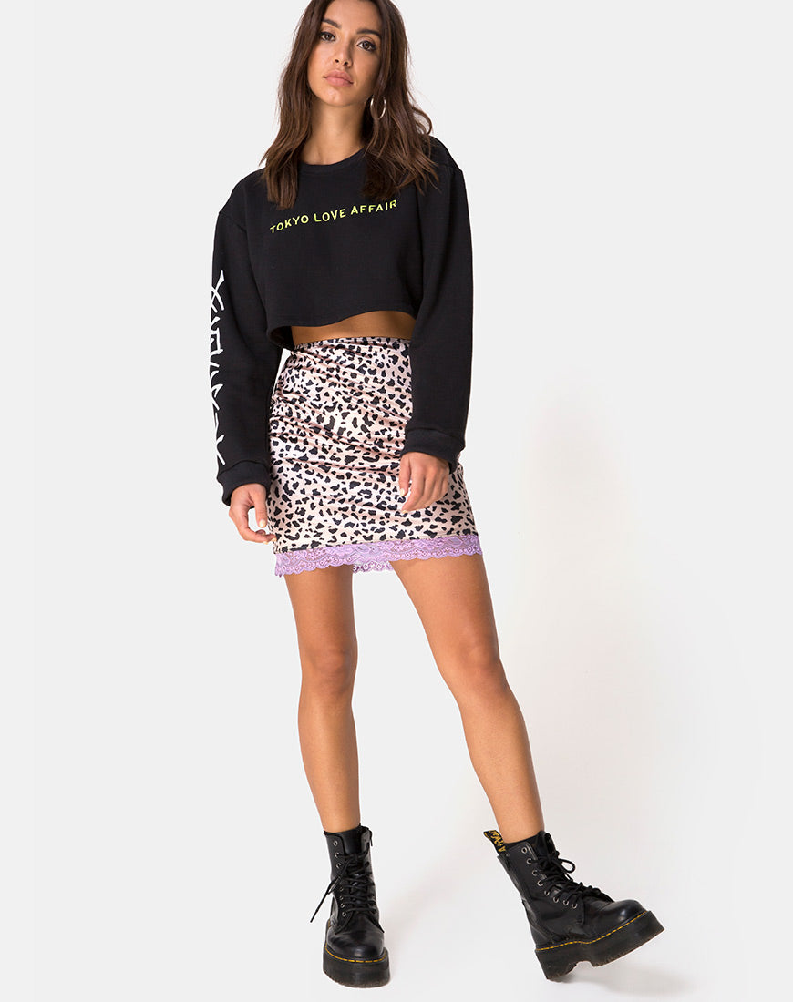 Immagine della gonna Cherry in raso animalier con pizzo lilla
