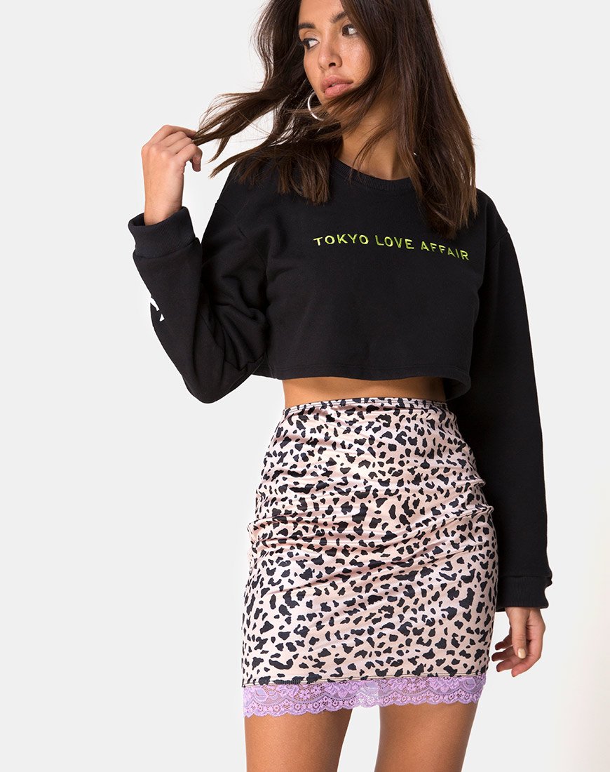 Immagine della gonna Cherry in raso animalier con pizzo lilla