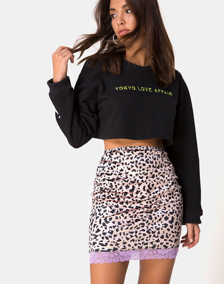 Immagine della gonna Cherry in raso animalier con pizzo lilla