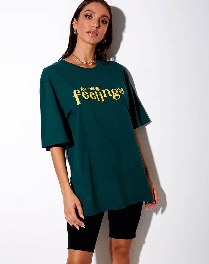 Maglietta Cocoon in verde bottiglia "Too Many Feelings