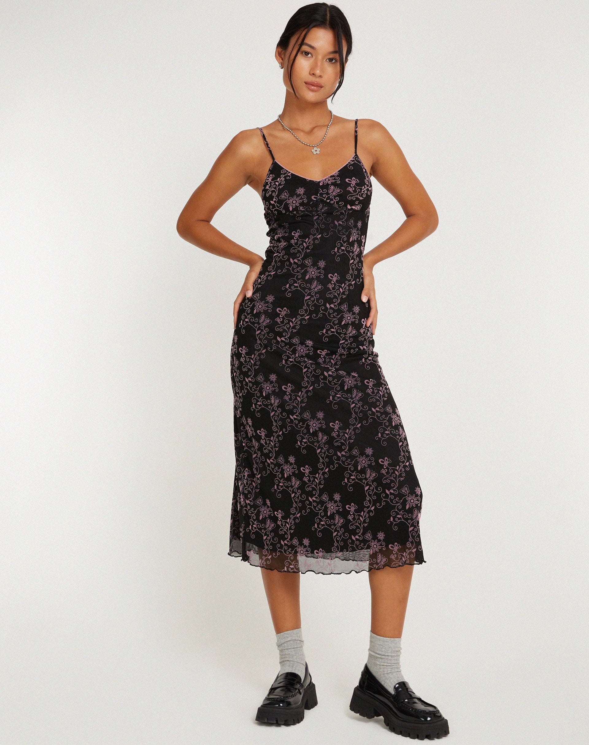 immagine di Cotina Midi Dress in Butterfly Vine Flock nero e rosa