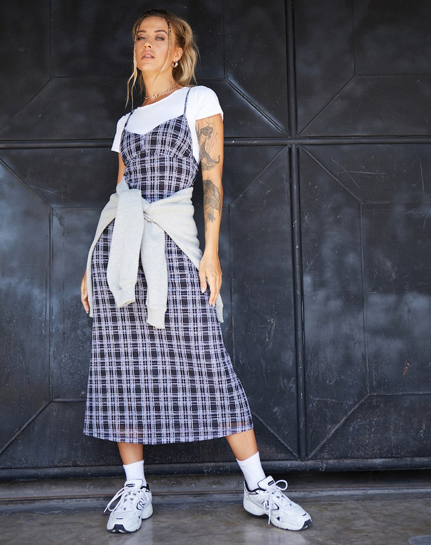 Abito Cotina Midi in Inkblot Check bianco e nero