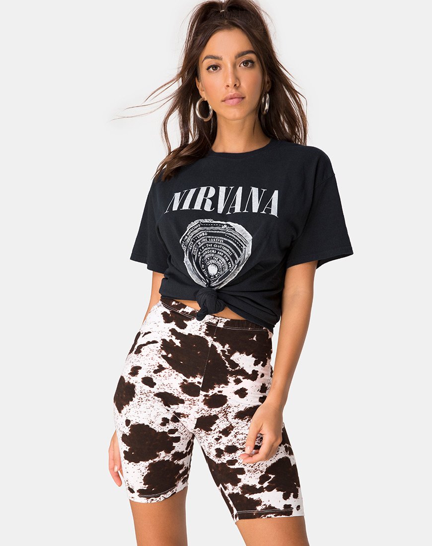 Pantaloncini da ciclista in pelle di mucca marrone e bianca
