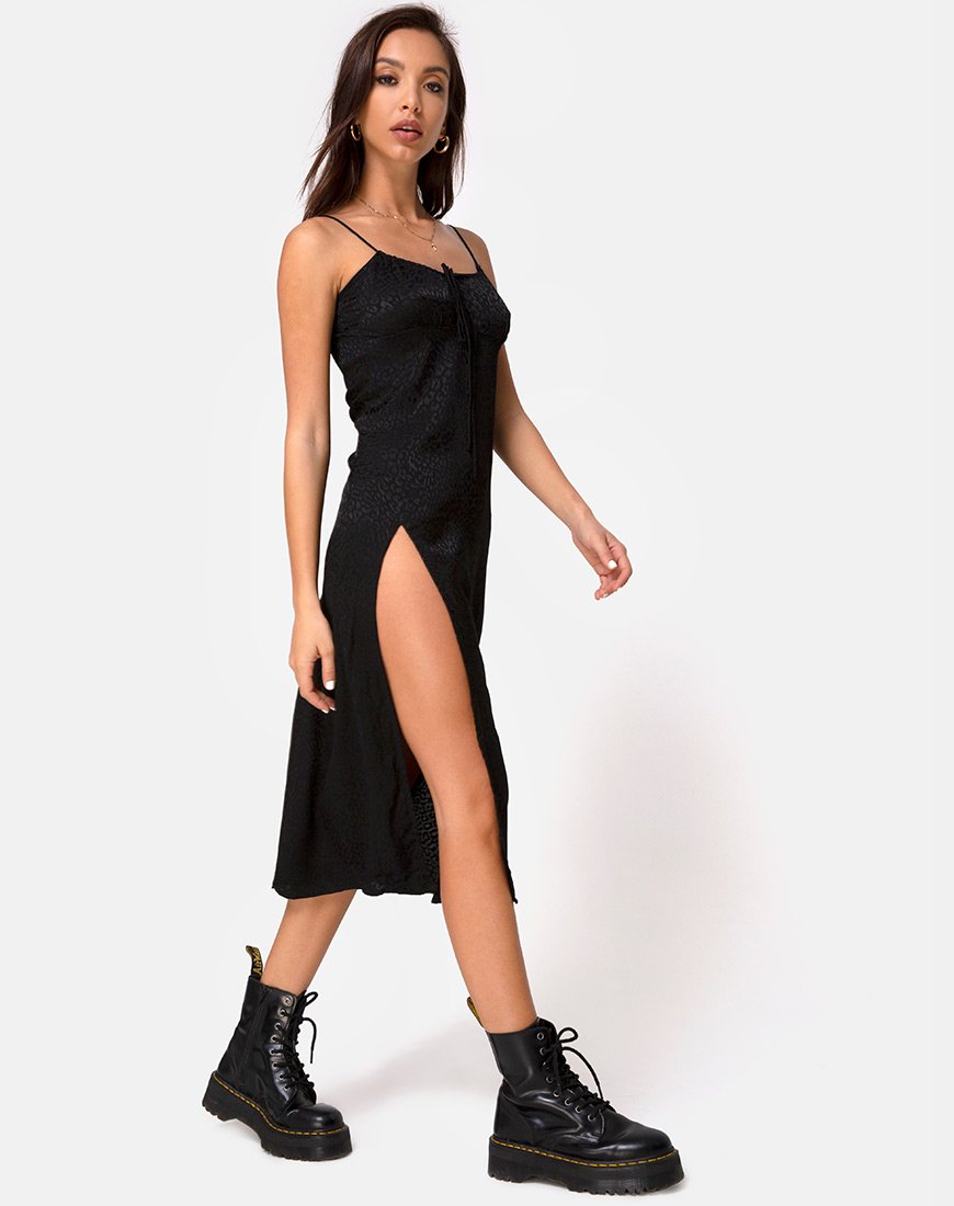 Immagine di Cypress Midi Dress in raso nero ghepardo