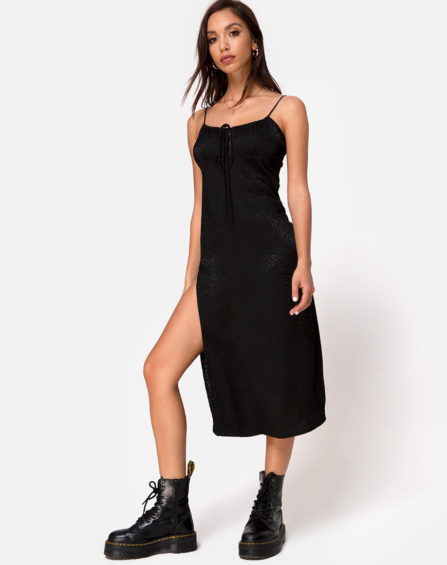 Immagine di Cypress Midi Dress in raso nero ghepardo