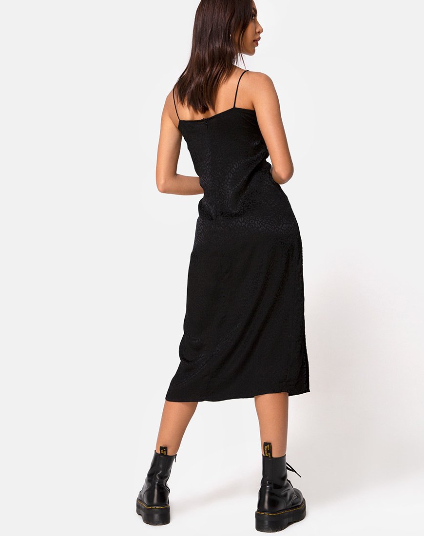 Abito midi Cypress in raso nero ghepardo