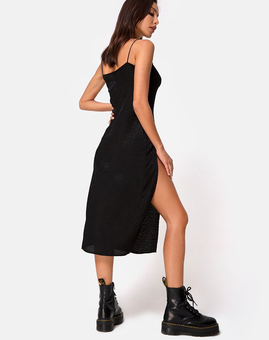 Immagine di Cypress Midi Dress in raso nero ghepardo