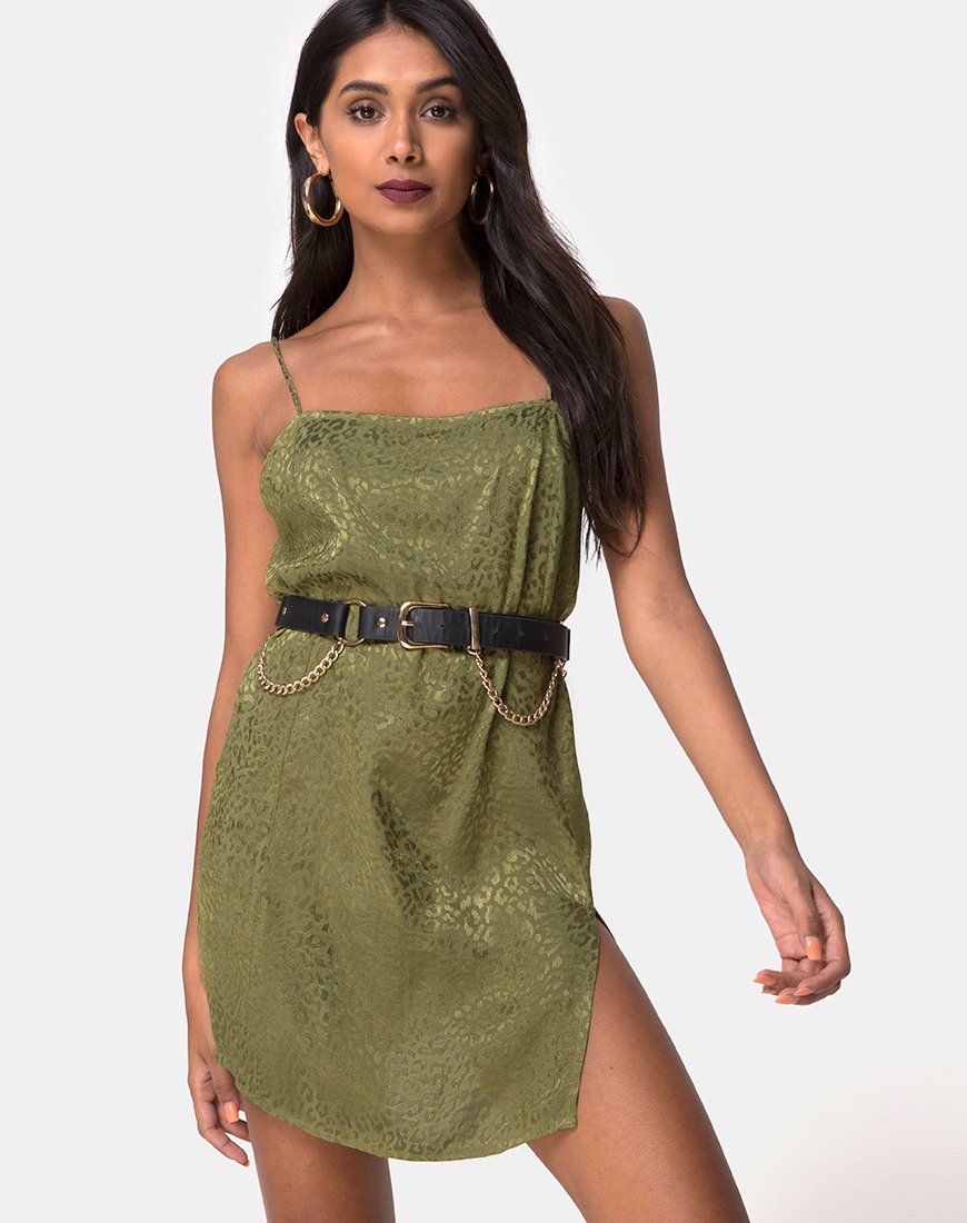 Datista Slip Dress in raso ghepardo kaki