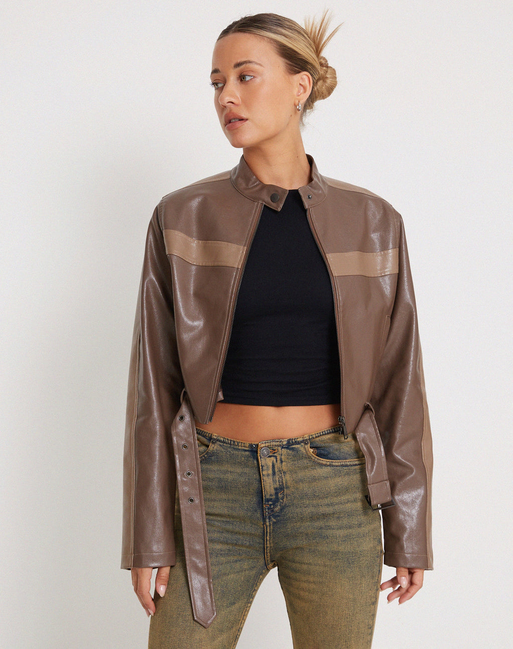 Giacca Derby con zip in PU marrone tonale