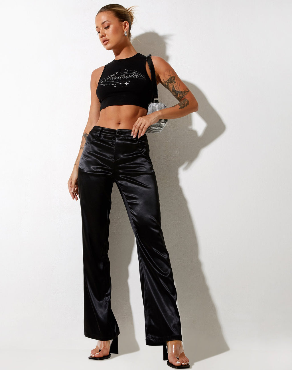 Pantalone Desta in raso nero Fantasia Diamante