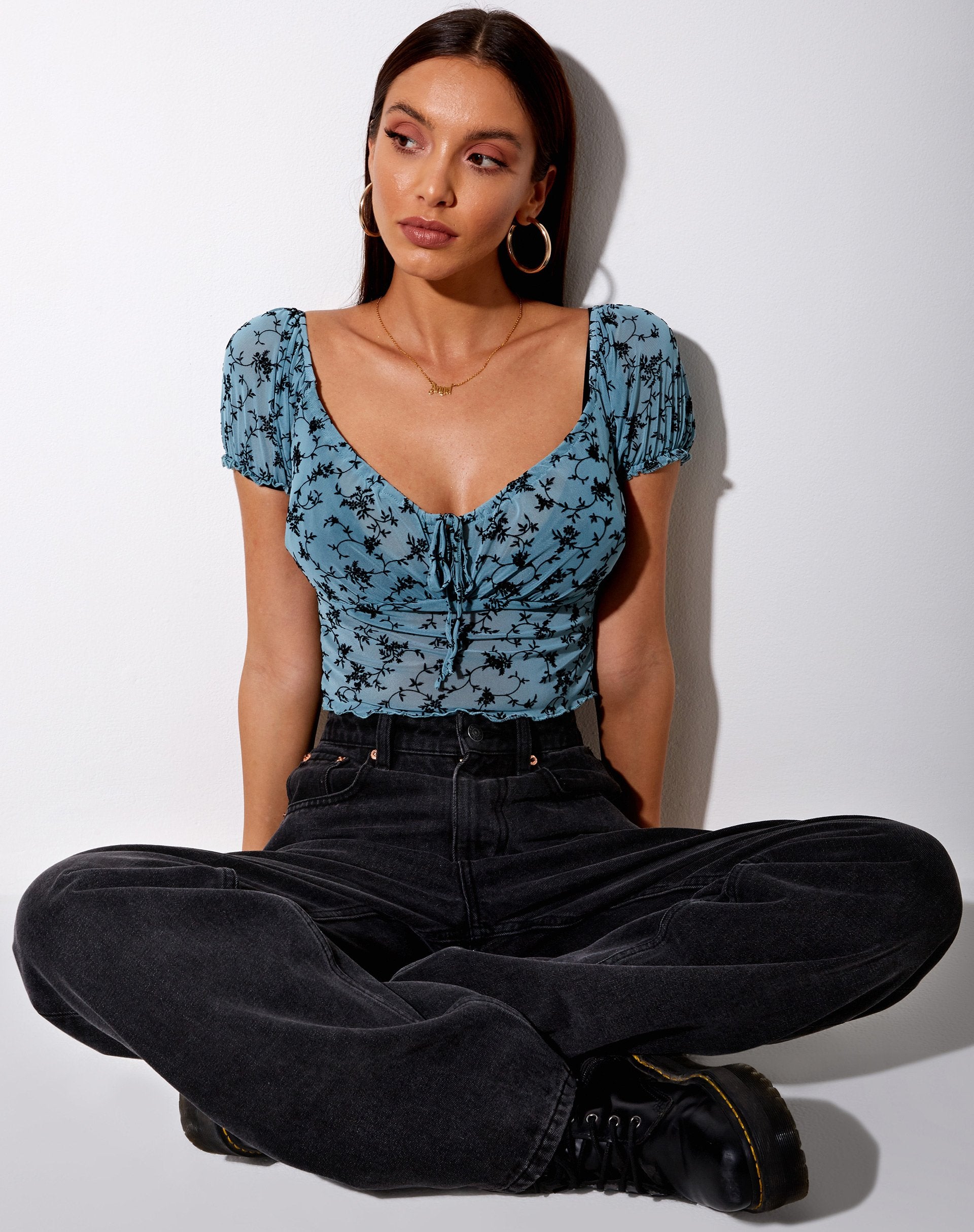 Immagine di Deyha Crop Top in Love Bloom Grigio e Blu Flock
