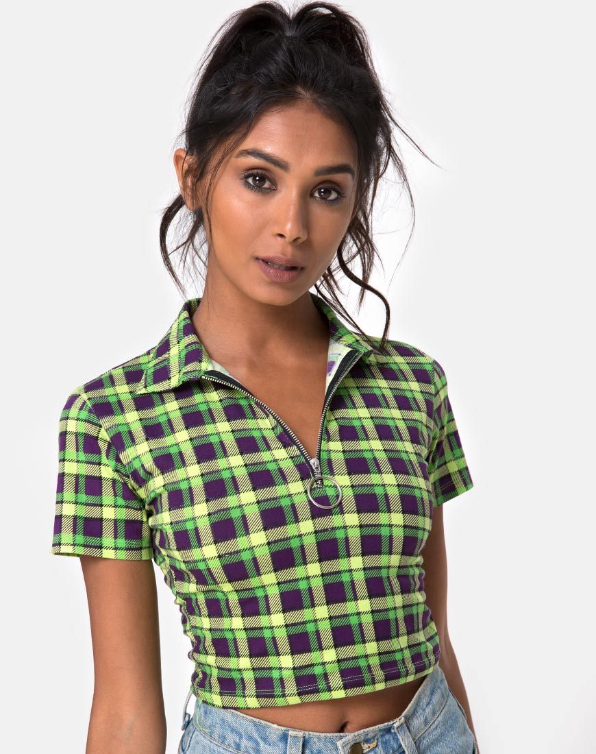 Dhen Crop Top a quadri verdi e viola