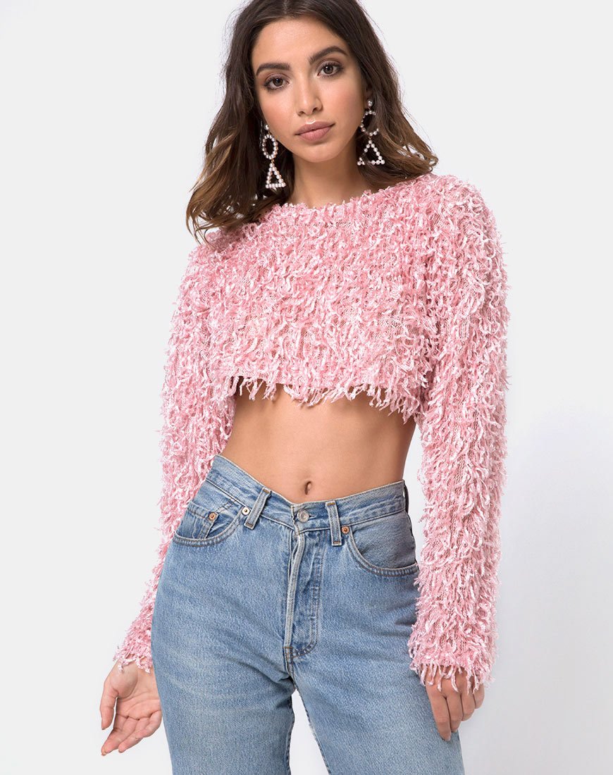 Diabla Crop Jumper in maglia shaggy rosa zucchero
