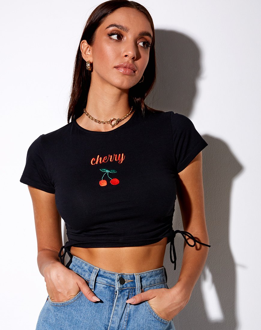 Doga Crop Top con ricamo nero e ciliegia