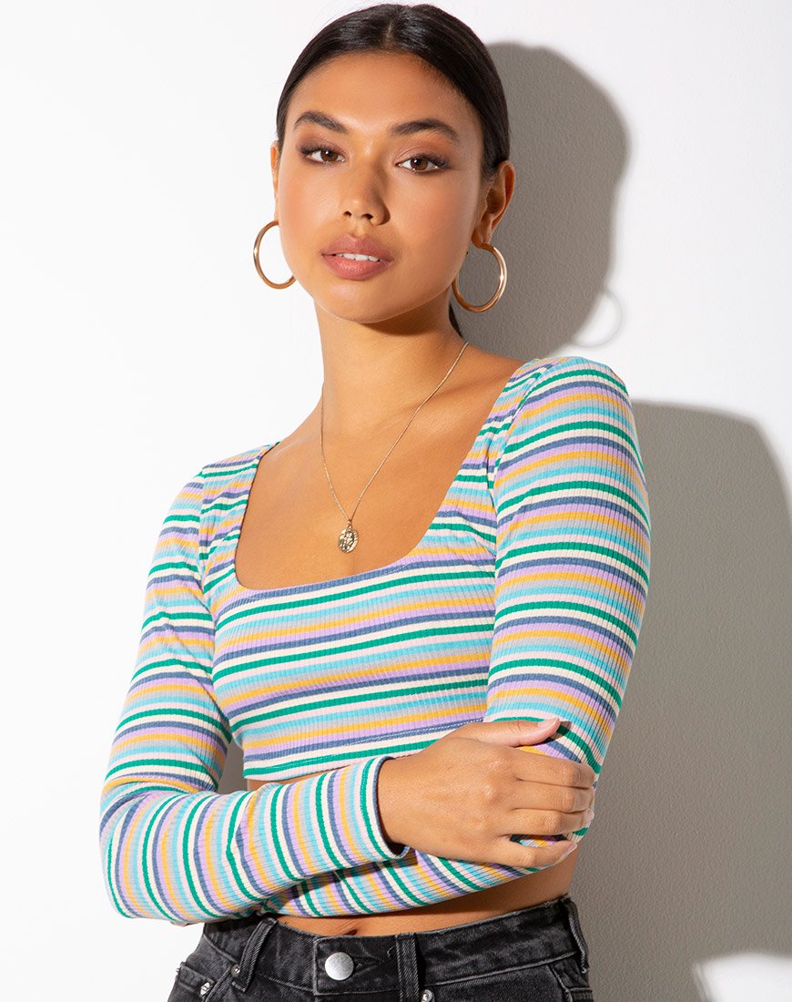 Adea Crop Top a costine verde viola e giallo di Motel