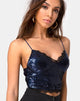 Immagine di Drilly Crop Top in mini paillettes di mezzanotte con pizzo nero