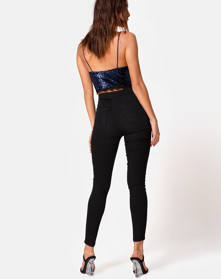 Immagine di Drilly Crop Top in mini paillettes di mezzanotte con pizzo nero