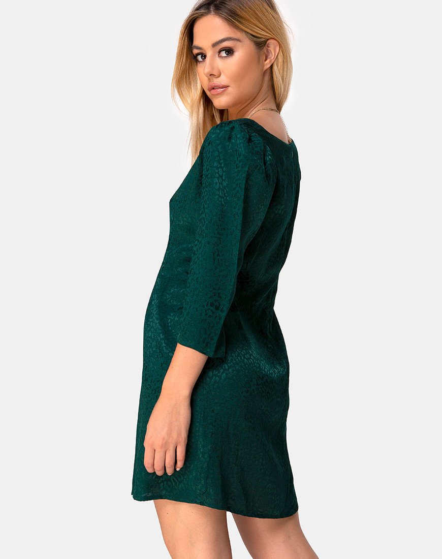 Mini abito Dumia in satin ghepardo verde bosco