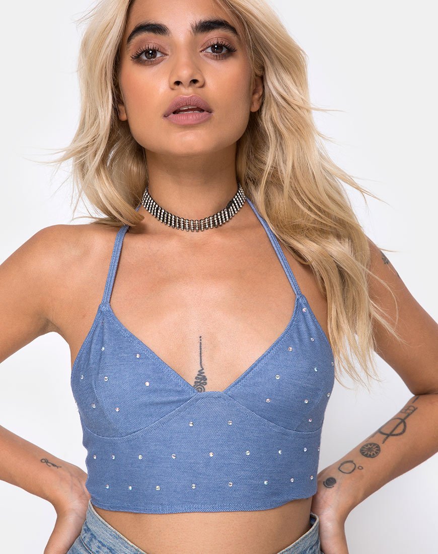 Top Dyla in denim blu Hot Fix