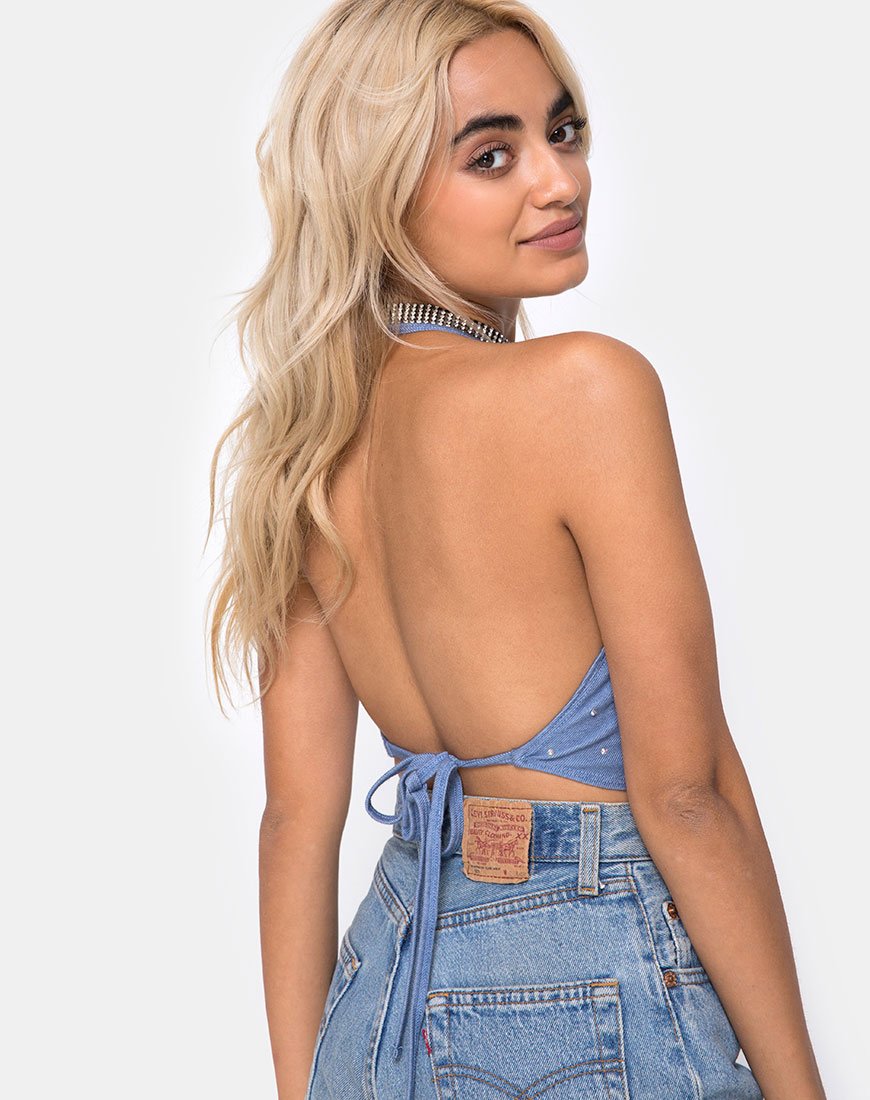 Top Dyla in denim blu Hot Fix
