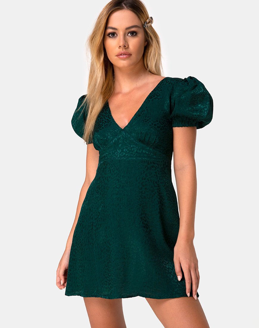 Mini abito Elfy in satin ghepardo verde bosco