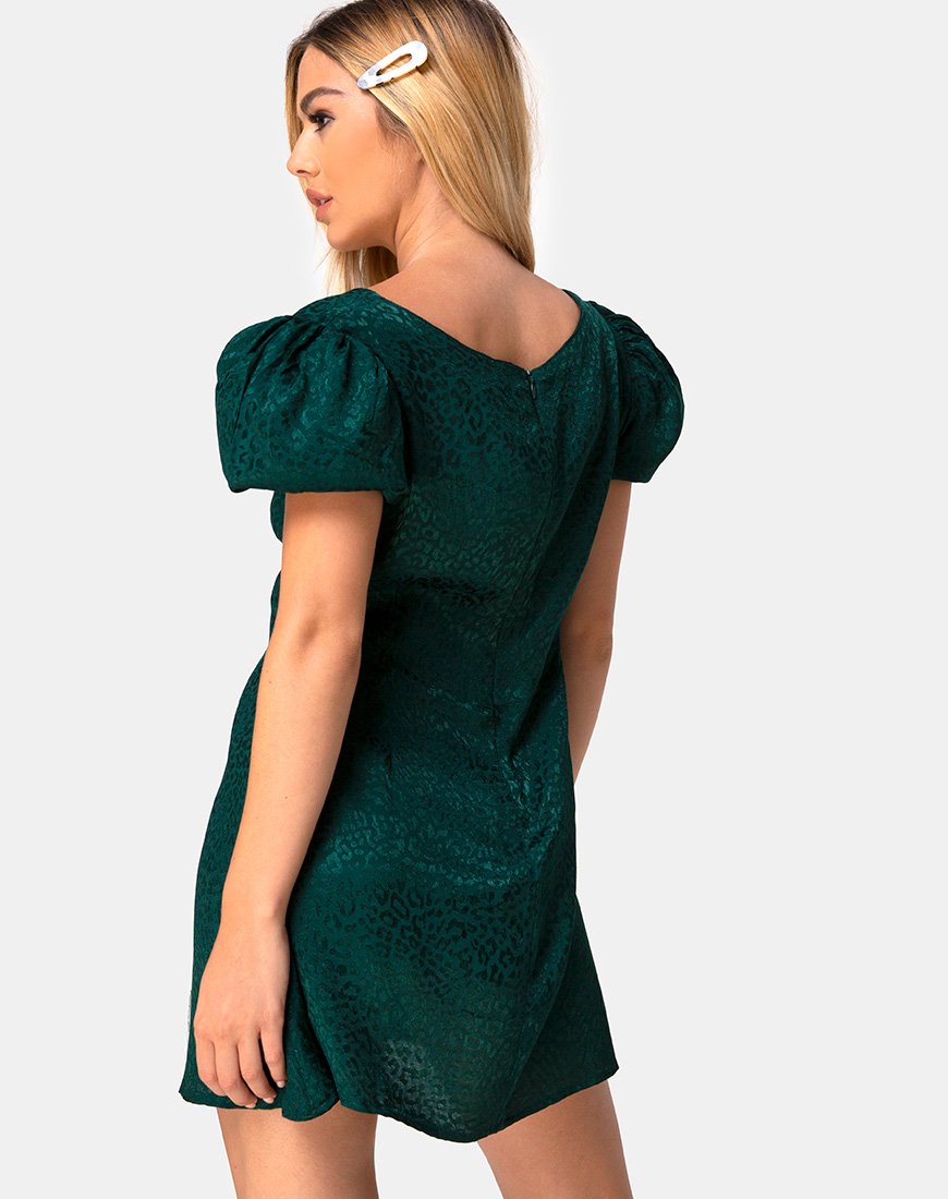 Mini abito Elfy in satin ghepardo verde bosco