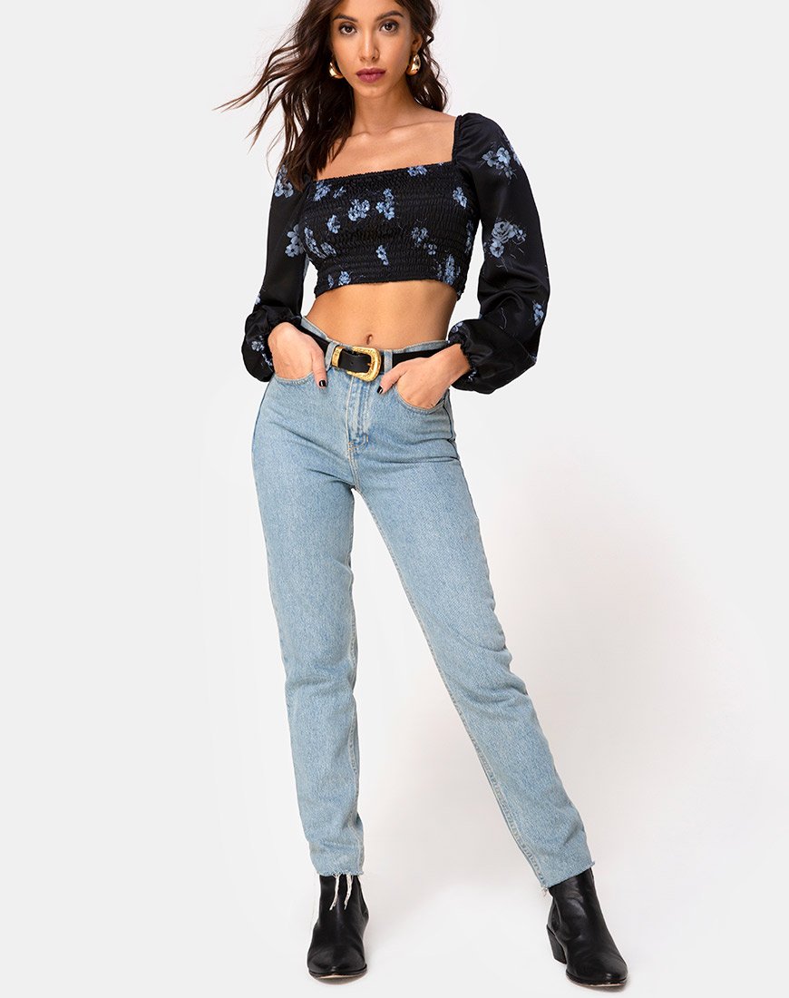 Immagine di Elina Top in raso nero Mono Flower
