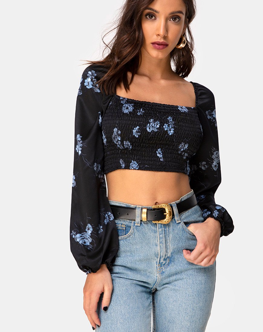 Top Elina in raso nero monofiore