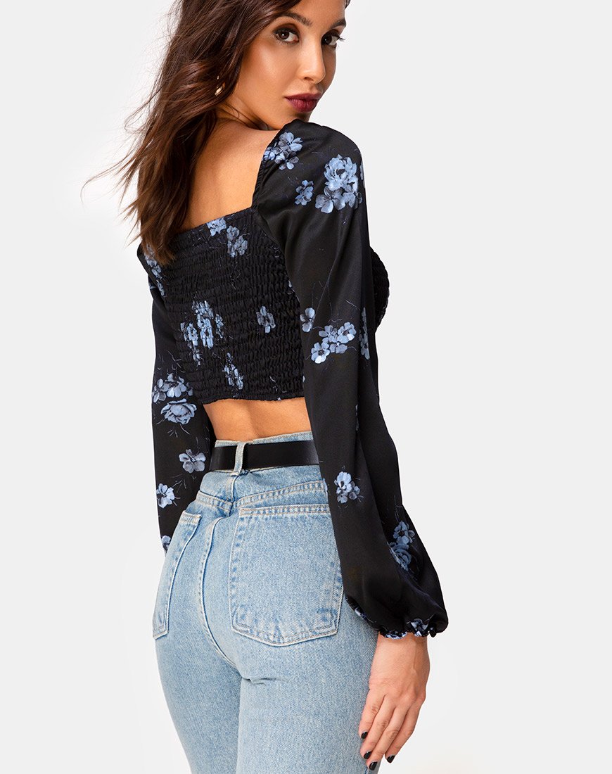 Top Elina in raso nero monofiore