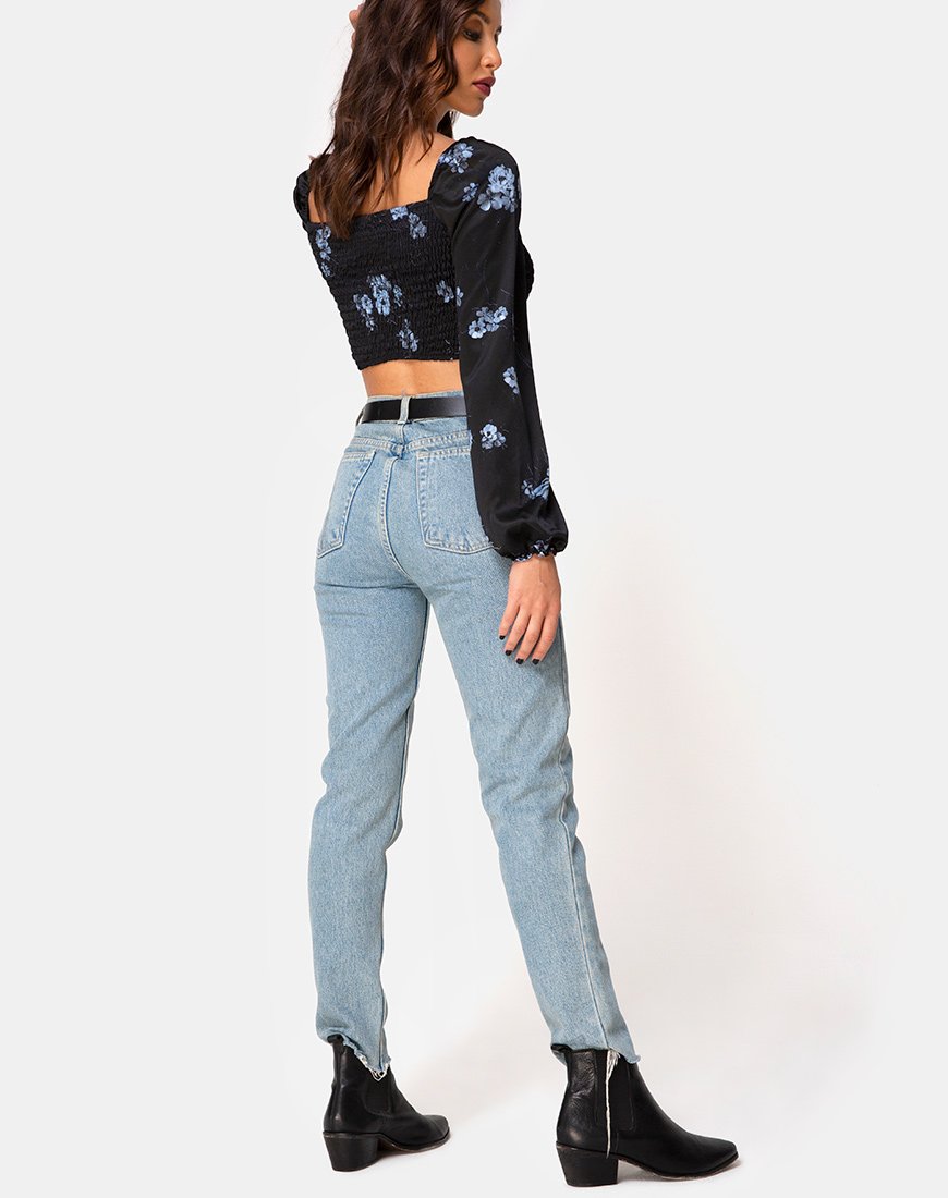 Immagine di Elina Top in raso nero Mono Flower